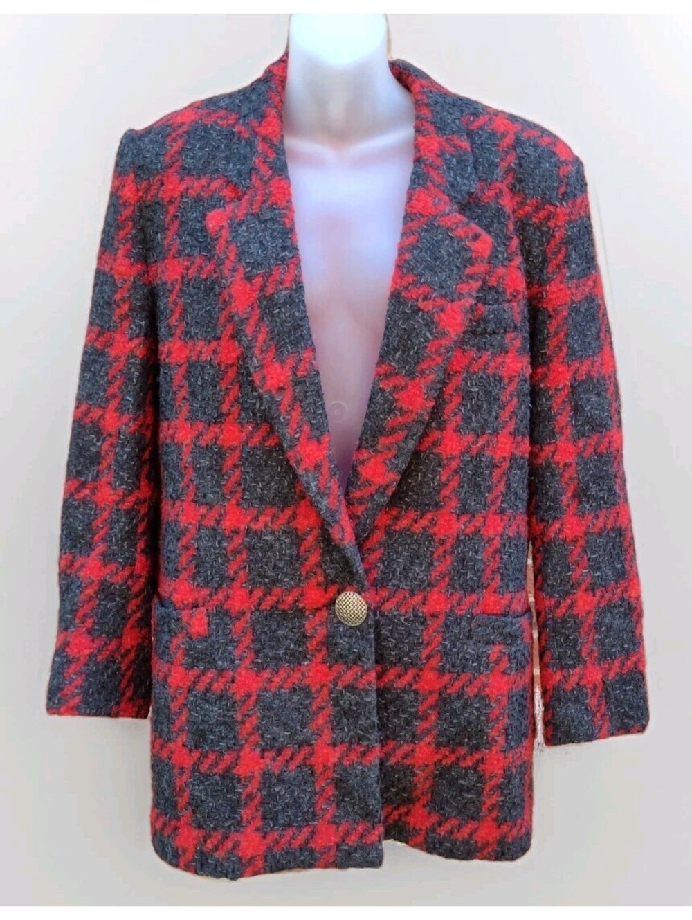 David N Tweed Blazer Jacket Vintage 80s Red Gray Houndstooth 80s Power Oversized